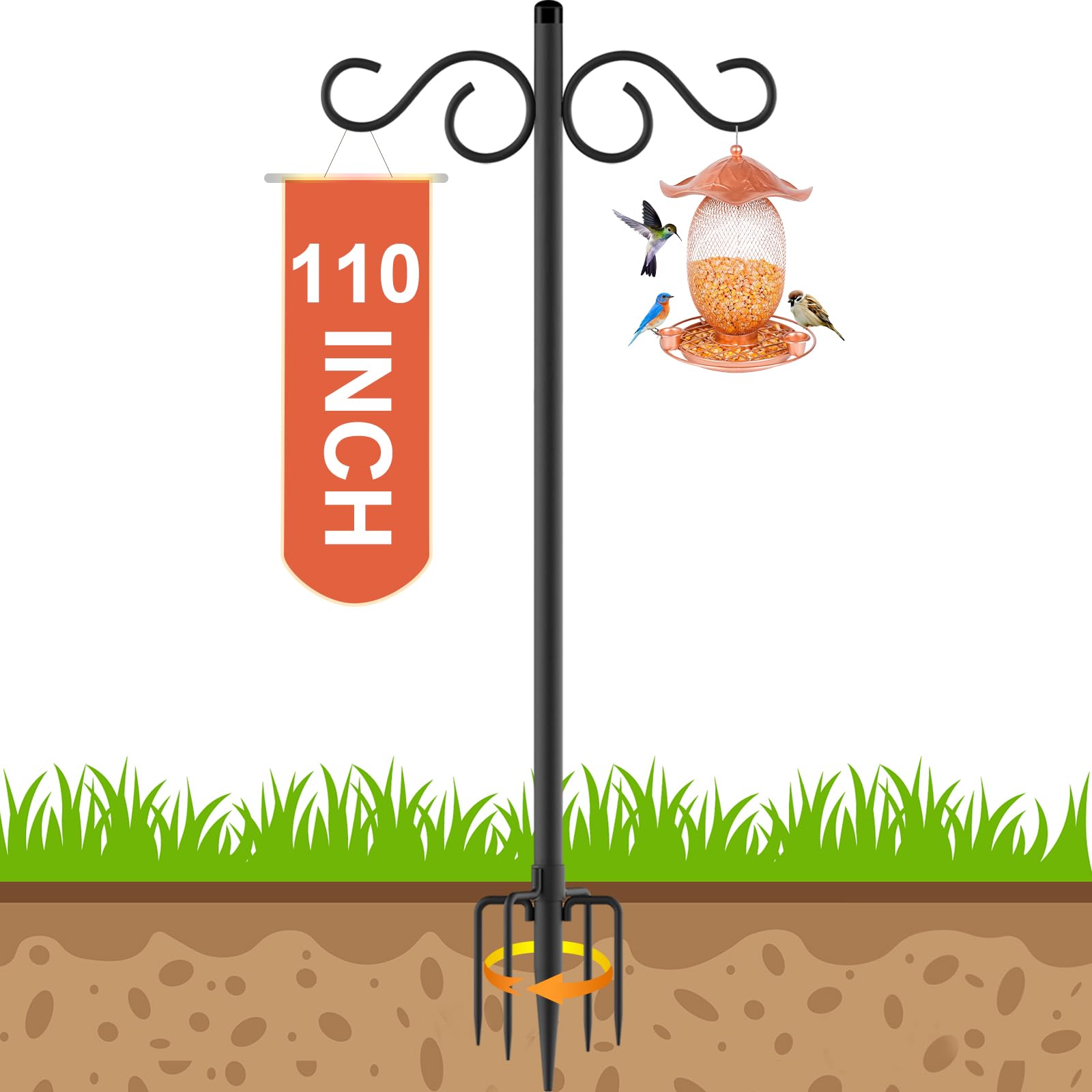 Adjustable Shepherd Hooks for Outdoor,1 Pack 110 Inch 5 Prong Base Bird Two Sided Feeder Poles,Heavy Duty Shepherds Hook,Suitable for Garden in Hanging Flower Basket,Lantern,Bird Nests-image-38