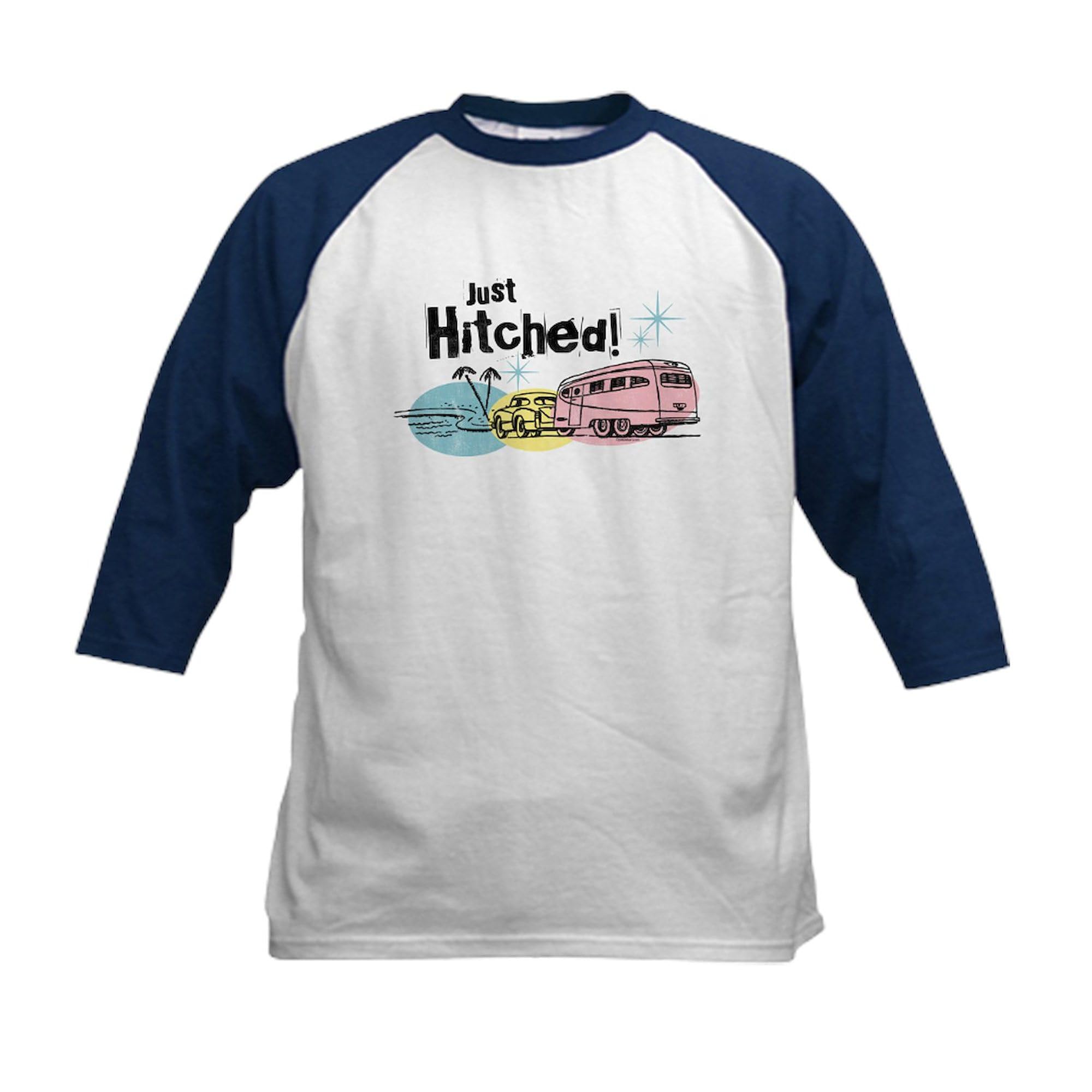 CafePress Retro Trailer Just Hitched Kids Baseball Jersey Kids Cotton Baseball Jersey, 3/4 Raglan Sleeve Shirt Navy/White