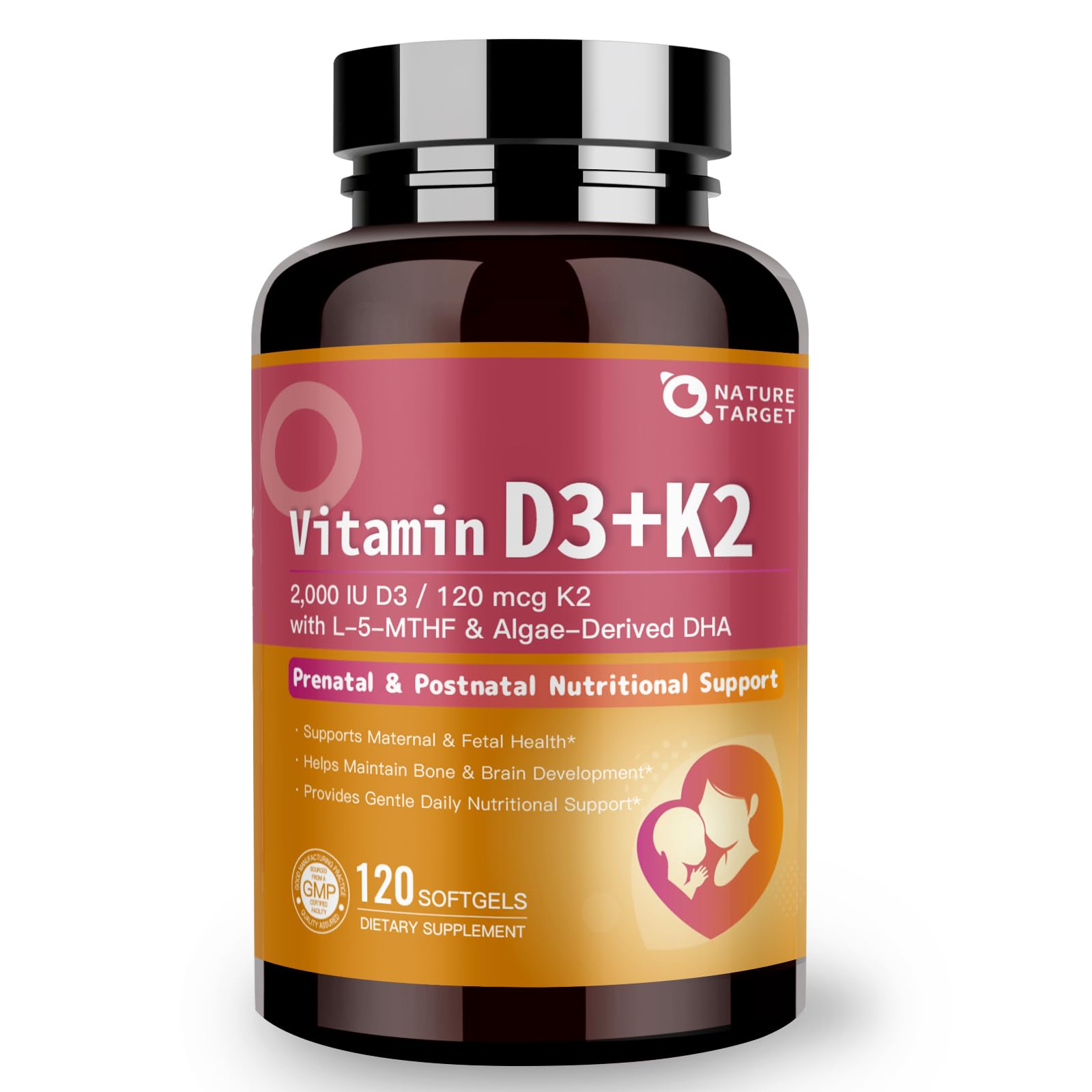 NATURE TARGET Vitamin D3 K2 with Folate & DHA, 120 Softgels | Prenatal & Postnatal Nutritional Support for Women, Easy-to-Swallow, Non-GMO