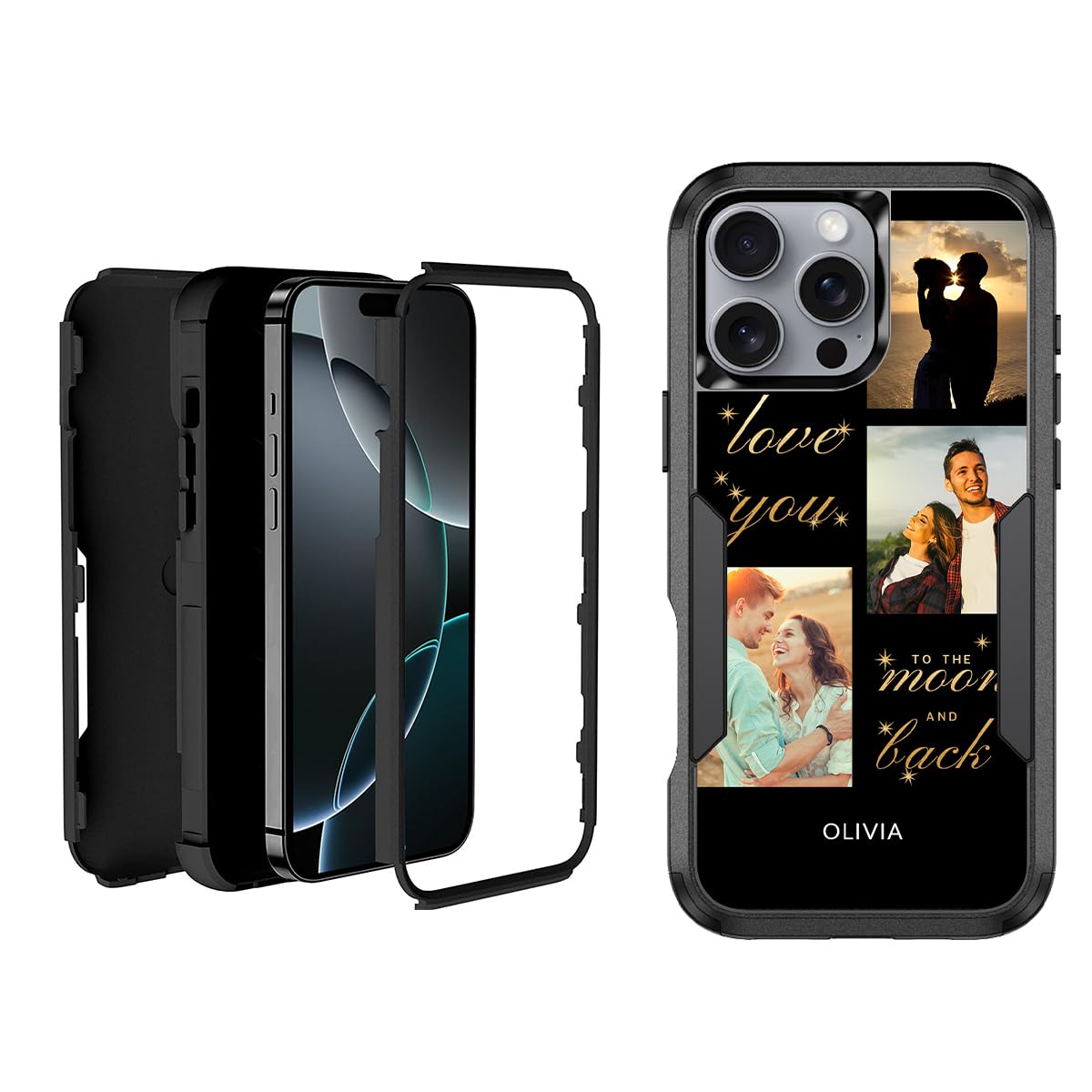 Custom Phone Case for iPhone 16 Pro Max, 3-Layer Multi-Photo Collage Case, Scratch-Resistant Shockproof Personalized Customized Protective Text Name