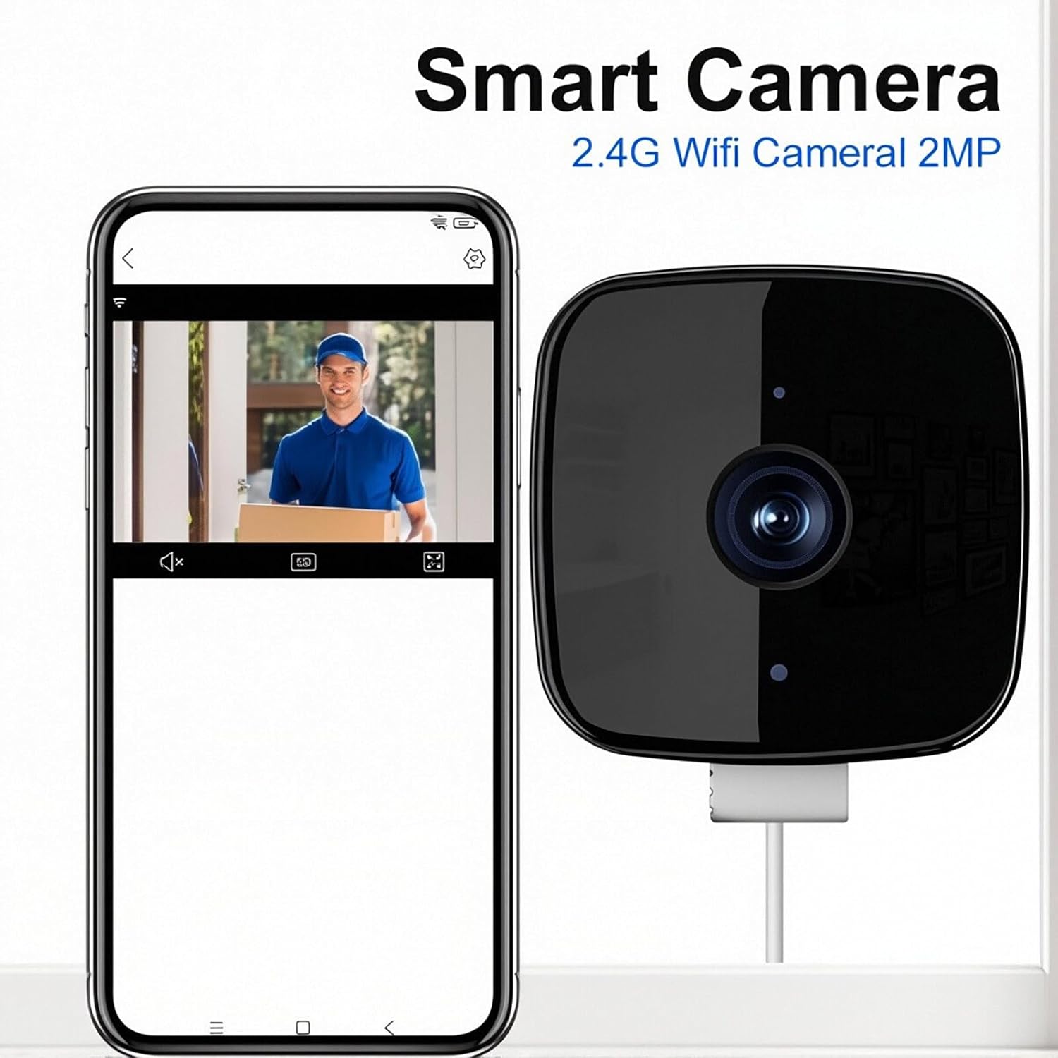 Image of the SakerPlus Smart Camera next to a smartphone displaying the camera's live feed within the app.