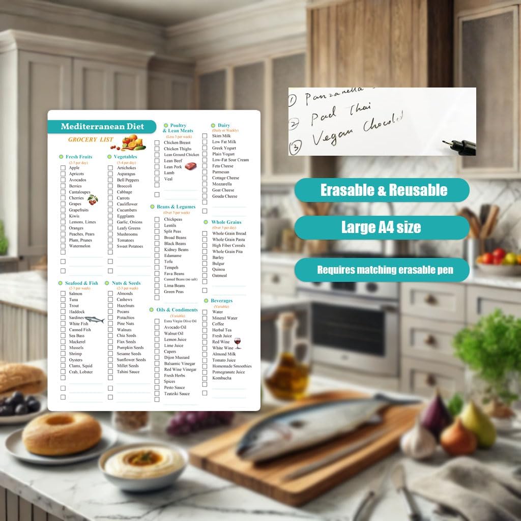Reusable Mediterranean Diet Meal Plan and Grocery List, Heart Healthy Food List with Recipes for High Blood Pressure Diabetic Weightloss Grocery & Shopping List Guide, Diet Food Chart Meal Plan Double Sided Erasable material A4 size - Image 2