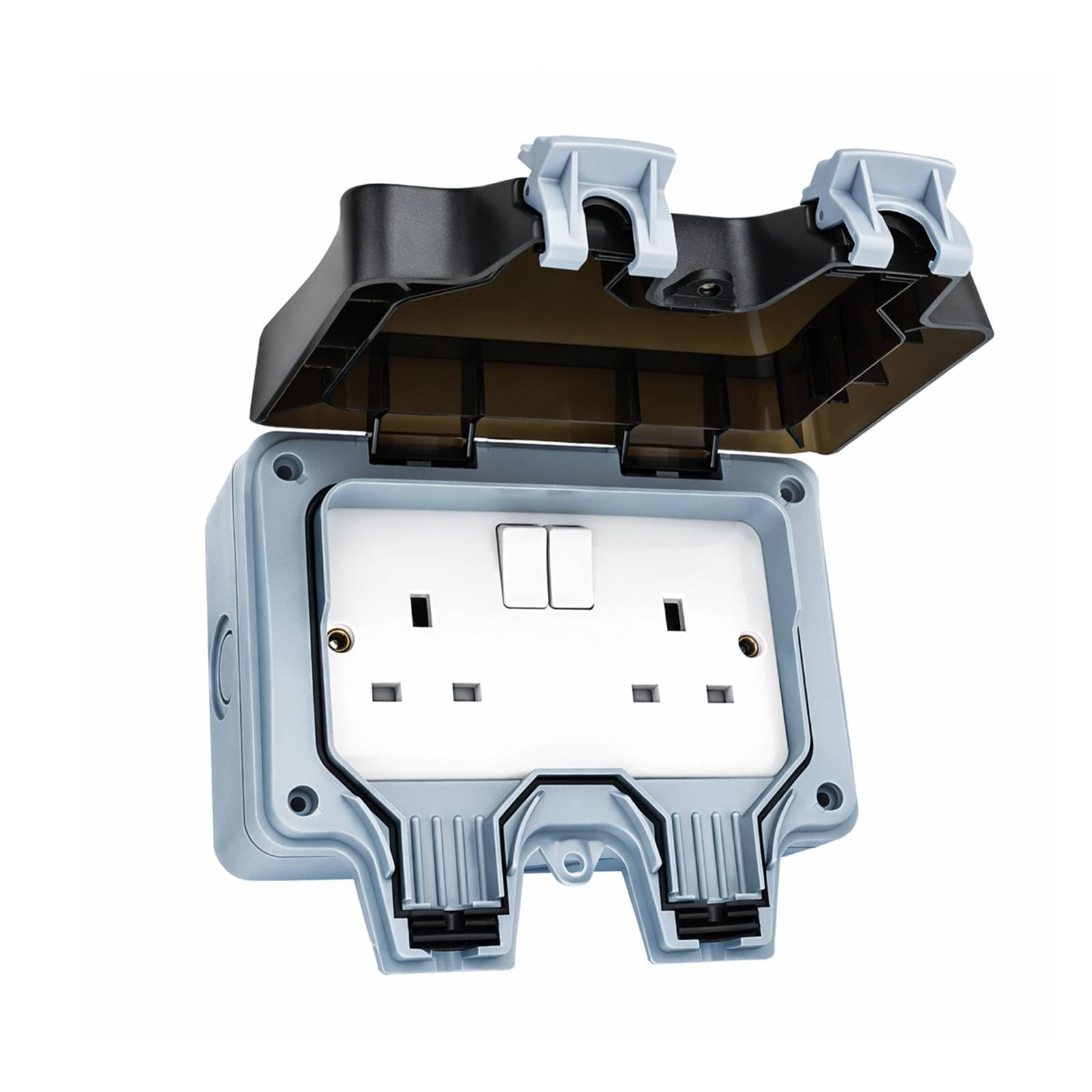 EVERGOODS Outdoor Waterproof Socket IP66,13A Double Switched Plug Socket with Cover, Weatherproof Wall Electrical Outlet, 2 Gang Power Socket Box for Garden, Garage & Outdoor Use (Double Socket)