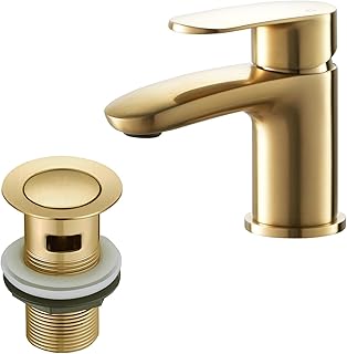 Basin Mixer Tap with Drain, BATHWEST Brushed Golden Brass Bathroom Sink Taps with Waste, Modern Bathroom Taps with Pop Up Waste Middle 492NGO