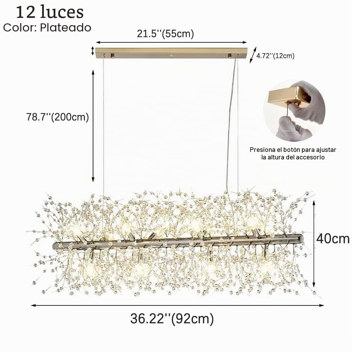 Araña de cristal moderna, araña de plata de 12 luces para comedor, araña para salón cocina dormitorio 92cm largo