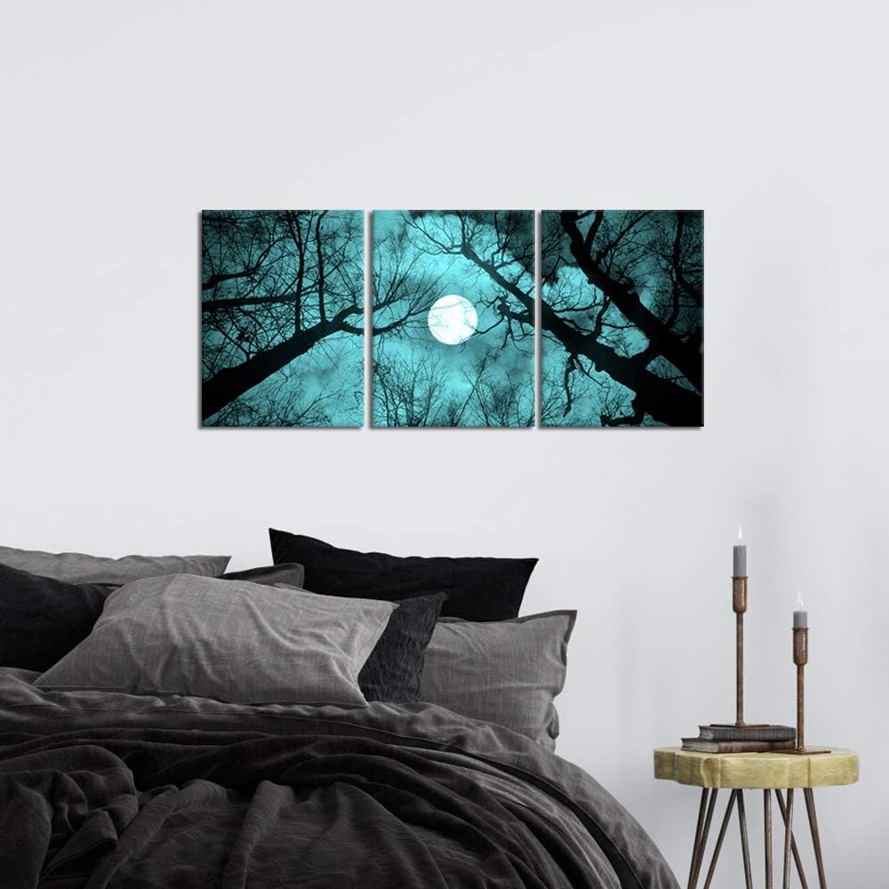 SkenoArt 3 Piece Night Forest Canvas Wall Decor Full Moon Black Tree Painting Print Teal and Black Pictures for Living Room Bedroom Bathroom Ready to Hang 12"x16"x3PCS image 5
