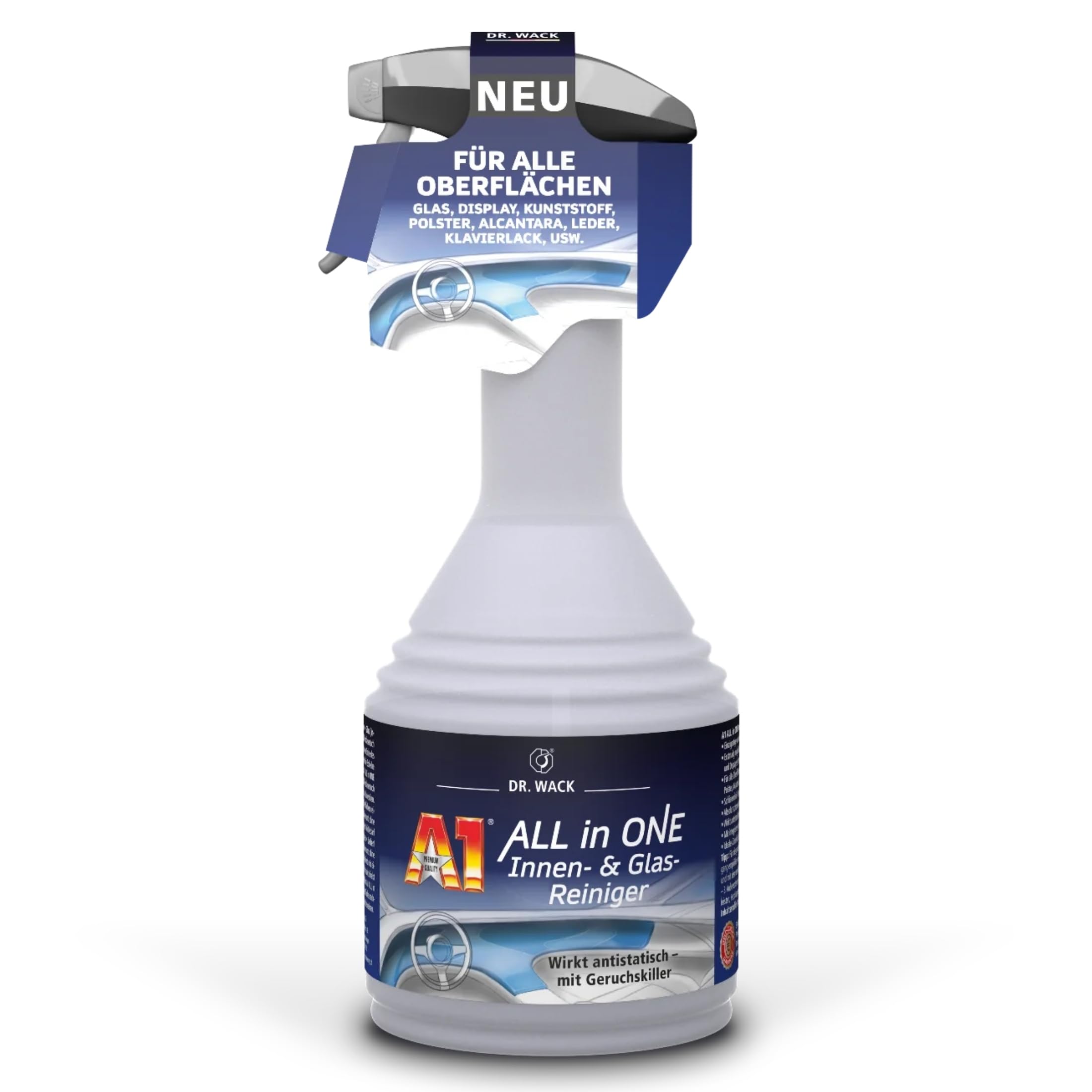 Dr. Wack A1 All in ONE Innen- & Glasreiniger 500 ml - Auto Innenraum Reiniger - für Glas, Kunststoff, Polster, Leder & Lacke geeignet - Geruchsneutralisierer Auto - Hochwertige Autopflege