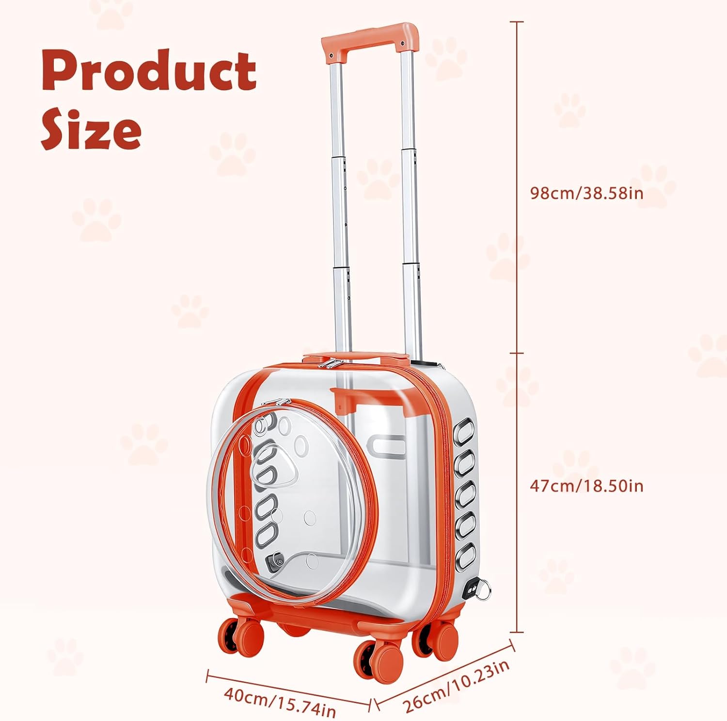 Pet Carrier with Wheels for Cats and Dogs, Clear Hard-Shell Rolling Pet Carrier with Retractable Handle, Airline-Approved Travel Carrier, Portable Cat and Dog Stroller (Orange)