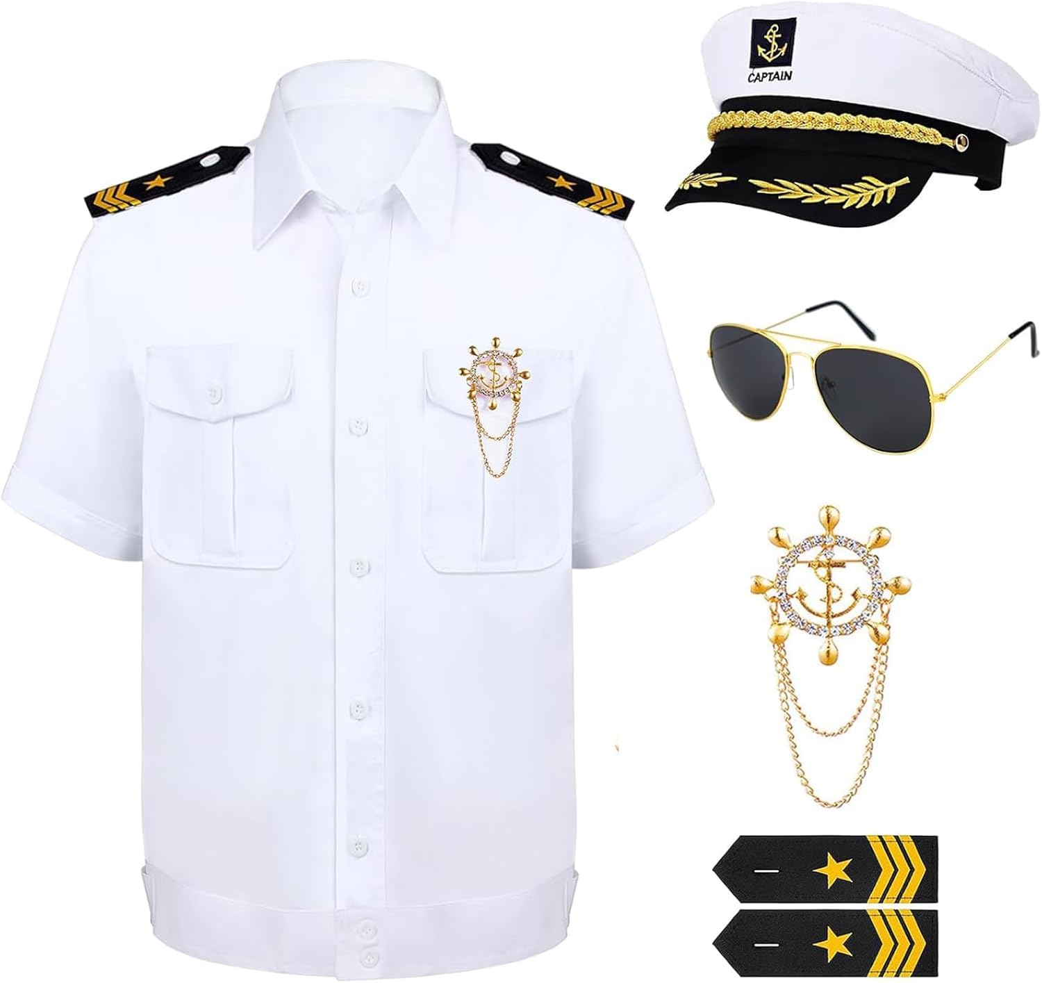 Matiniy Captain Costume Accessories Set Including Sailor Hat Sunglasses T-Shirt for Adult for Halloween Party Cosplay Dress Up (160)