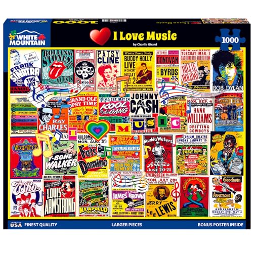 Rompecabezas White Mountain de 1000 piezas: 'I Love Music', collage nostálgico, piezas grandes, regalo para adultos y familia, 24" x 30" miniatura 1