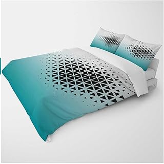 YANFENQI Queen Textured Duvet Covers White Cyan Teal Gradient Geometric Checked Camping Decor for Kids Teens Adults (Queen,90