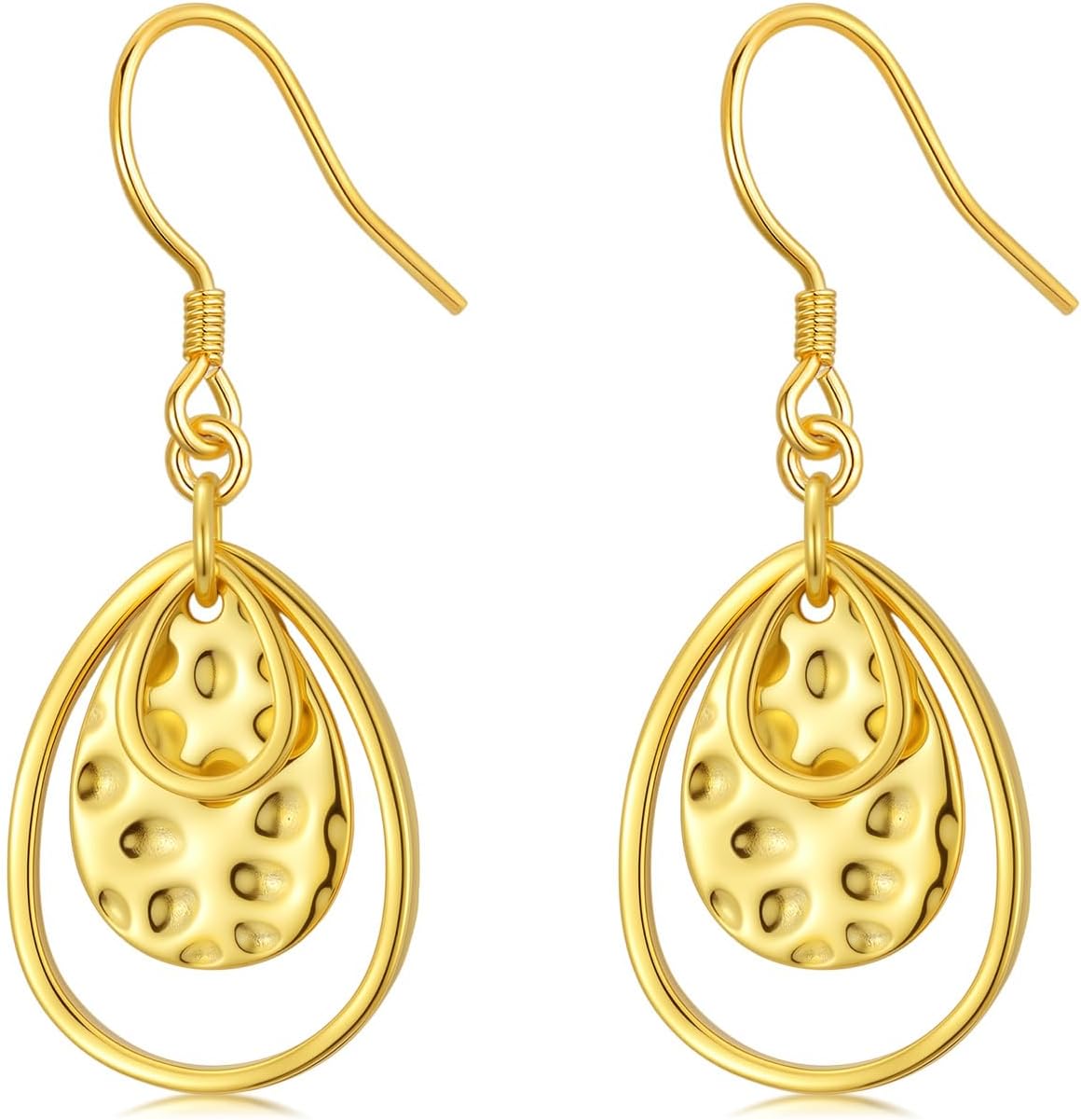 Hammered Teardrop Earrings for Women S925 Sterling Silver Hypoallergenic 14K Gold Plated Double Flat Drop Dangle Earrings Geometric Boho Style Jewelry