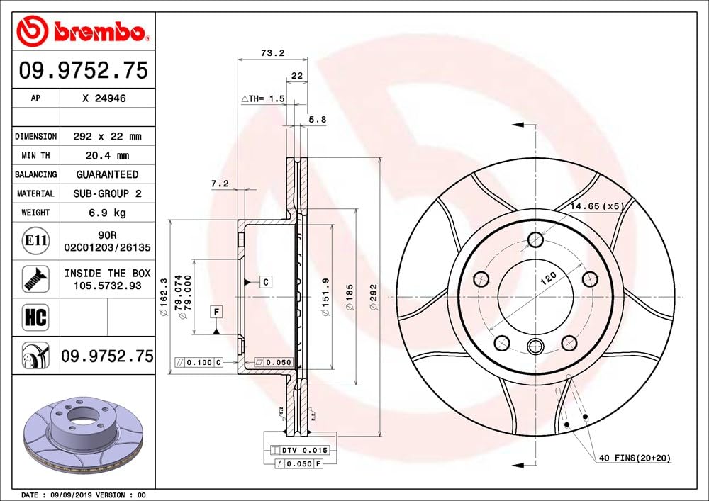 Brembo Max 09.9752.75 - Disco Freno Baffato (Set di 2) - Anteriore