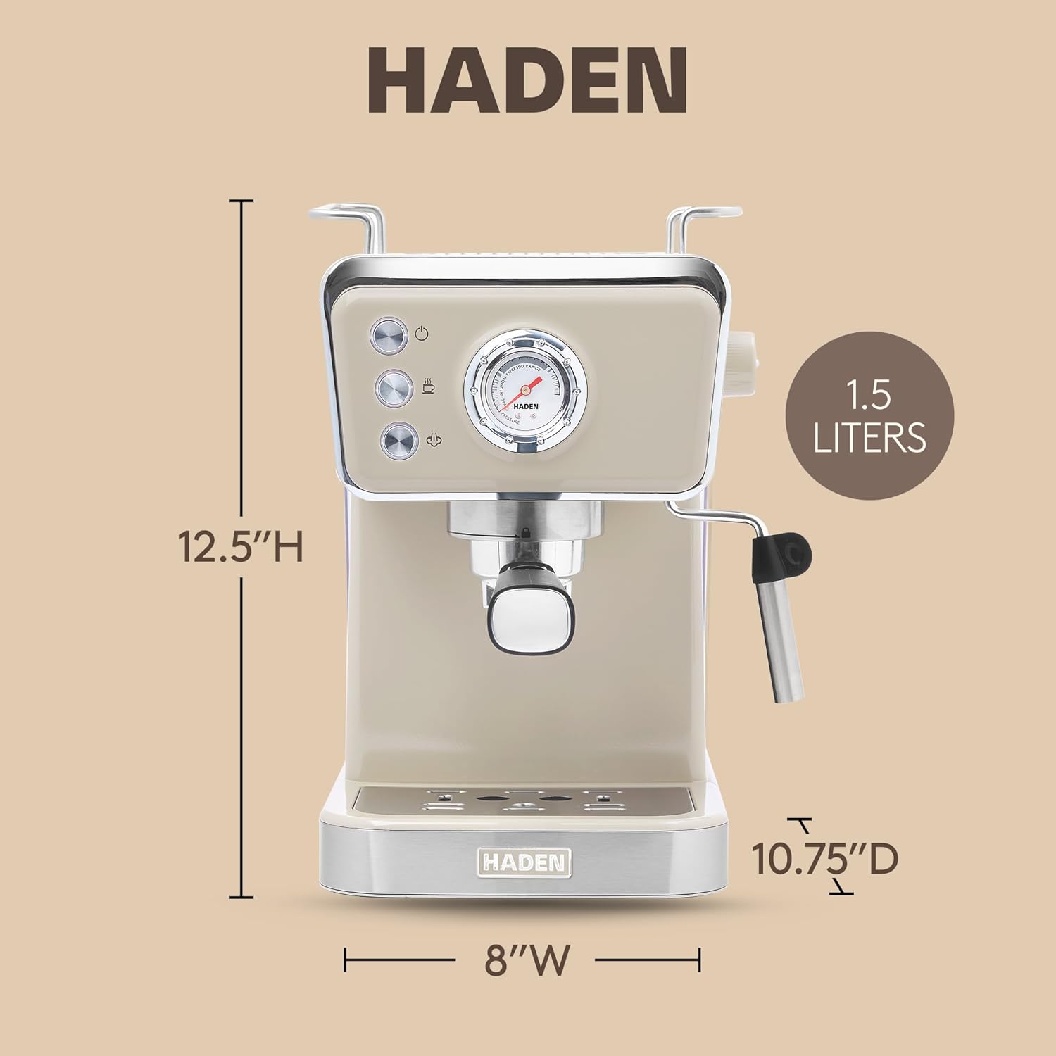HADEN Barista Brew Espresso Coffee Machine, Stainless Steel Espresso Maker with Milk Frother and Steamer Function and 1.5L Water Tank, Putty & Copper