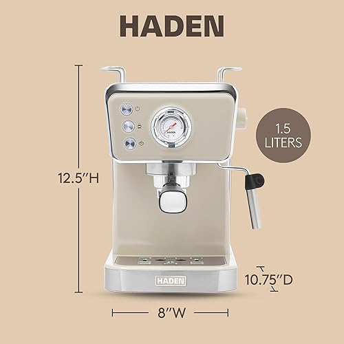 Miniatura 4 de HADEN Barista Brew - Cafetera de café expreso, de acero inoxidable con espumador de leche y vaporizador y tanque de agua de 1.5 L, masilla y cobre