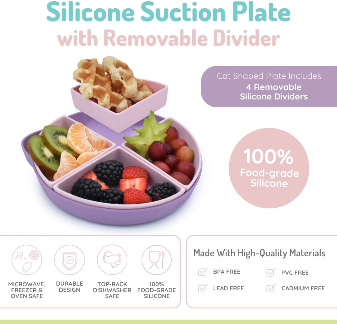 melii 100% Silicone Divided Suction Plate with Removable Dividers, for Baby + Toddlers – BPA Free, Dishwasher & Microwave Safe, Cat