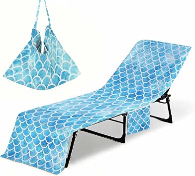 Irisbell Lounge Chair Towel Cover with Side Pockets,Thick Quick Dry Chaise Lounge Cover,Beach Chair Towel Covers for Pool Sunbathing Camping Garden Blue Mermaid
