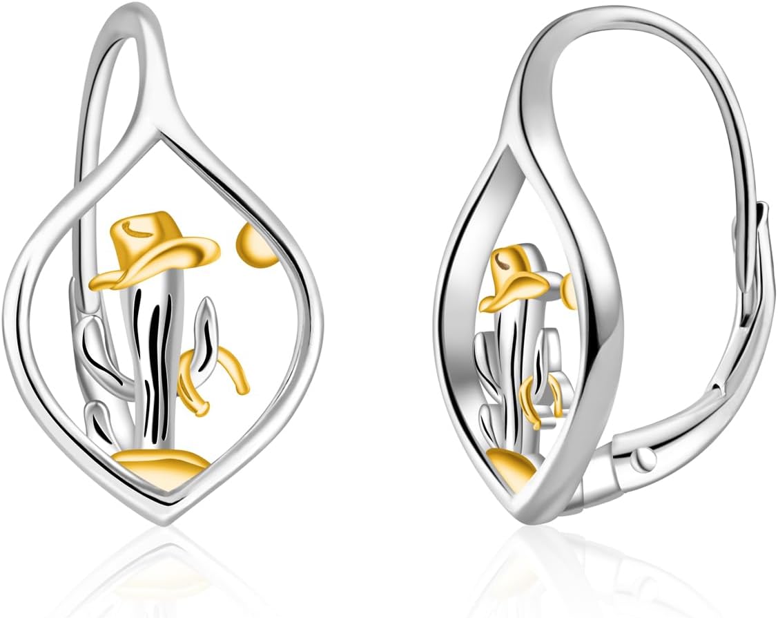 Western Cactus Leverback Earrings for Women - 925 Sterling Silver Cactus Earring Hypoallergenic Western Cactu Leverback Earrings Fun Cactu Plant Jewelry Gift for Cowgirl daughter