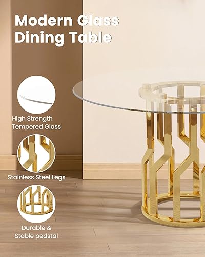Miniatura 6 de Mesa de comedor redonda de vidrio de 47 pulgadas para 4-6: mesa de cocina de vidrio circular con patas de acero, mesa de comedor moderna para cena,