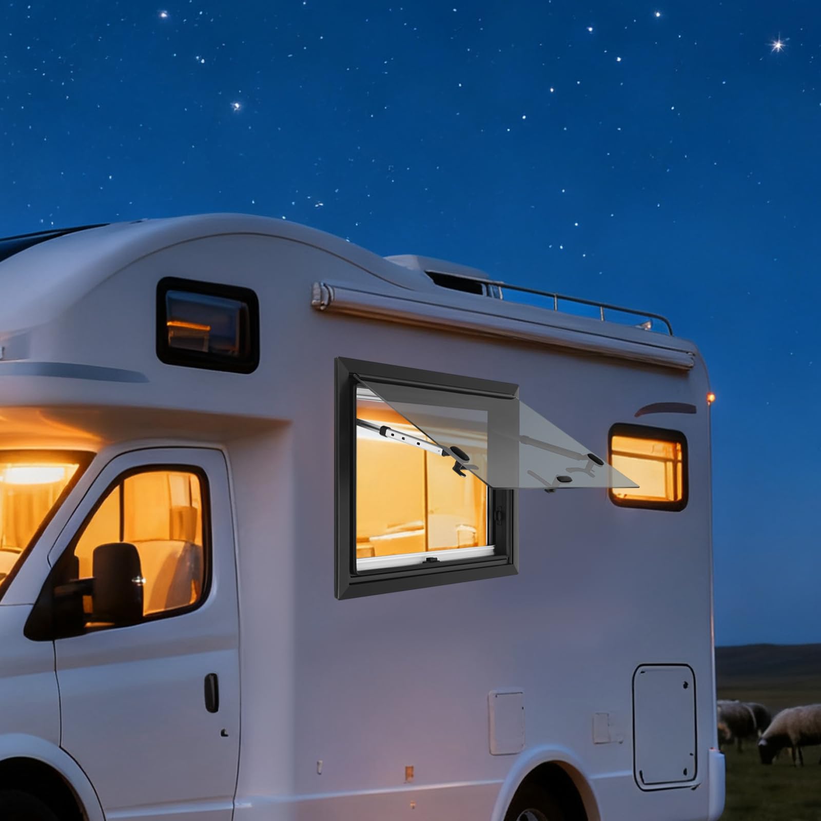 Ventana para caravana 65x50 cm, ventana abatible para autocaravana y caravana con protección contra insectos y protección solar integrada, ventana lateral para camper, vidrio templado de 4 mm