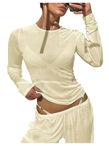 RoseSeek Women's Sheer Mesh Long Sleeve T Shirts Boat Neck Slim Fit Tee Tops Going Out See Through Shirts - X-Small - Beige