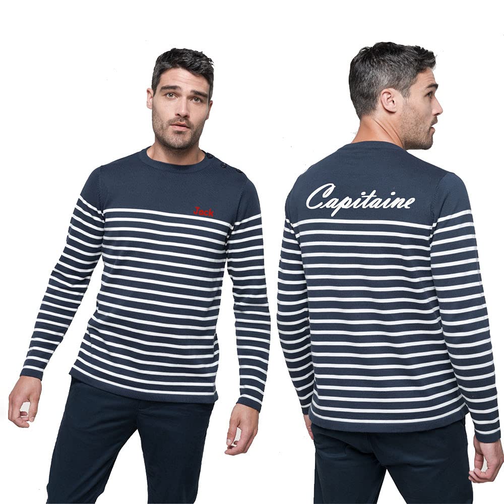 Pull Marin personnalisé avec Un prénom, Un Texte, Coupe Homme Style Mariniere en Coton, Maille tricotée, Coupe Moderne pour Un Look Chic et décontracté. du S au 3XL