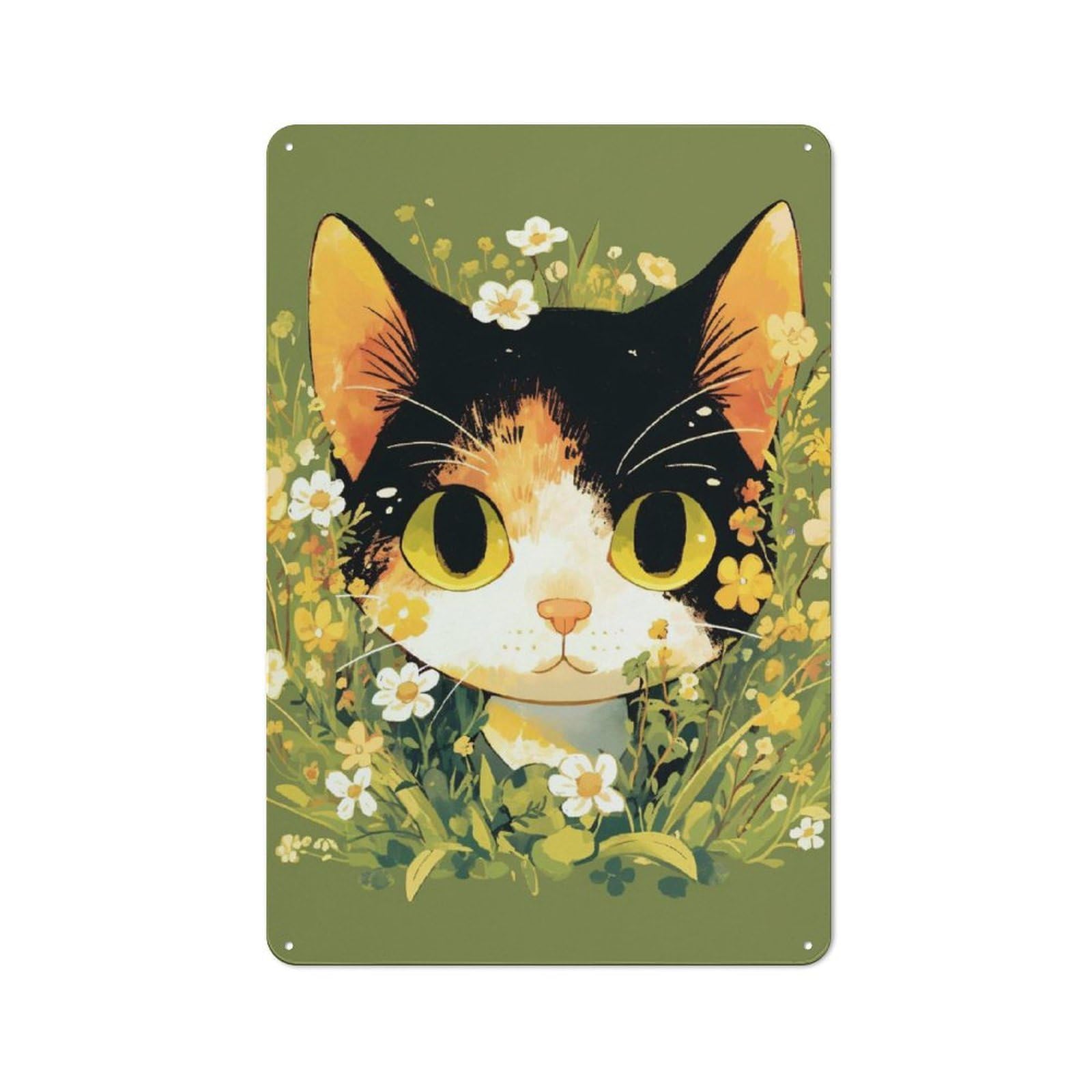 Junmoney Style-3 Modern Vintage Calico Cat In Flowers Illustration Office Metal Sign 30X20cm, Creative Space Decor For Home Office, Reading Corner Or Bedroom