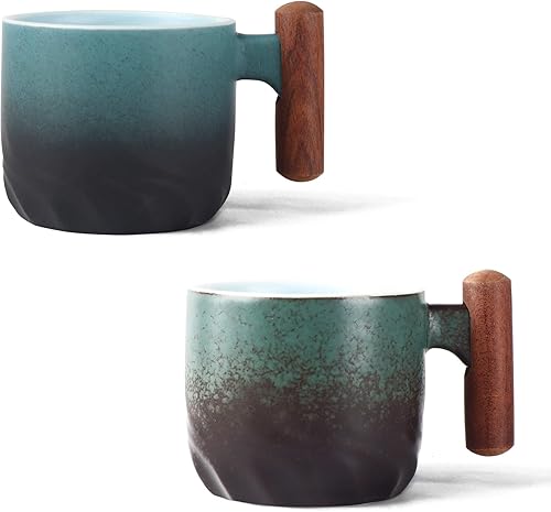 Juego de 2 tazas de café expreso de porcelana, tazas de té pequeñas, tazas de café espresso de cerámica de 2 onzas con mango de madera