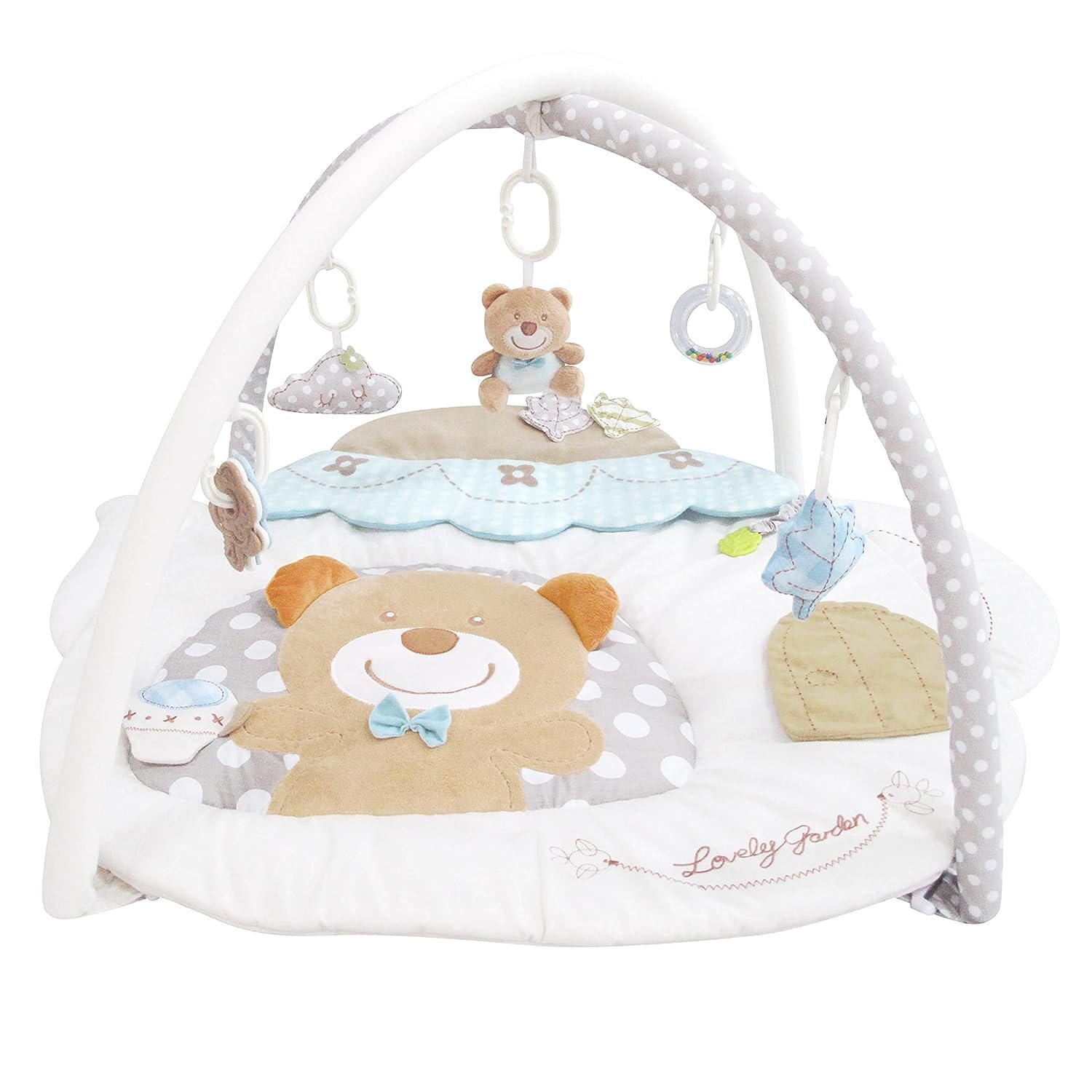The Moon Brand Perky Baby Playmat and Activity Gym for Newborn Baby & Infant 5 Hanging Sensory Toys Visual, Hearing, Touch, Cognitive Early Development Playmat. Suitable from 0m+ 80cm - Tea Pot