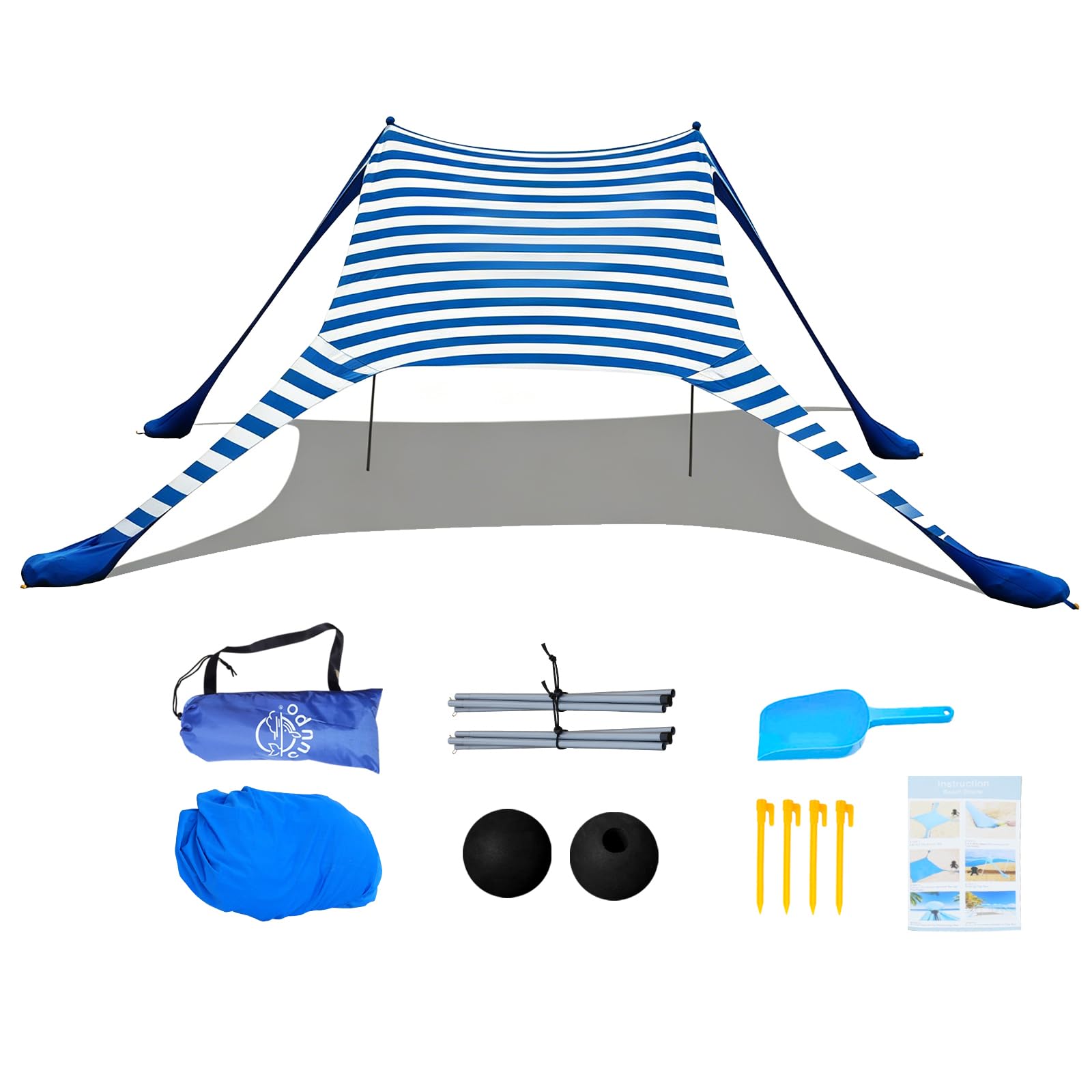 Tente de plage pop-up 2 x 2,1 m SPF 50, protection solaire, coupe-vent, avec barres de stabilité en fer, sacs de sable et sacs de sable, protection solaire, portable, pour plage, arrière-cour