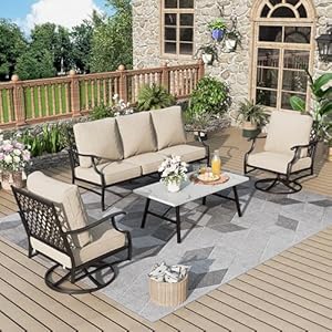 Patio Furniture Set 4 pcs, Metal Outdoor Patio Furniture, 3-Seat Sofa, 2 Swivel Chairs, Metal Coffee Table and 5.75″ Extra Thick Cushion, Patio Conversation Set,Beige