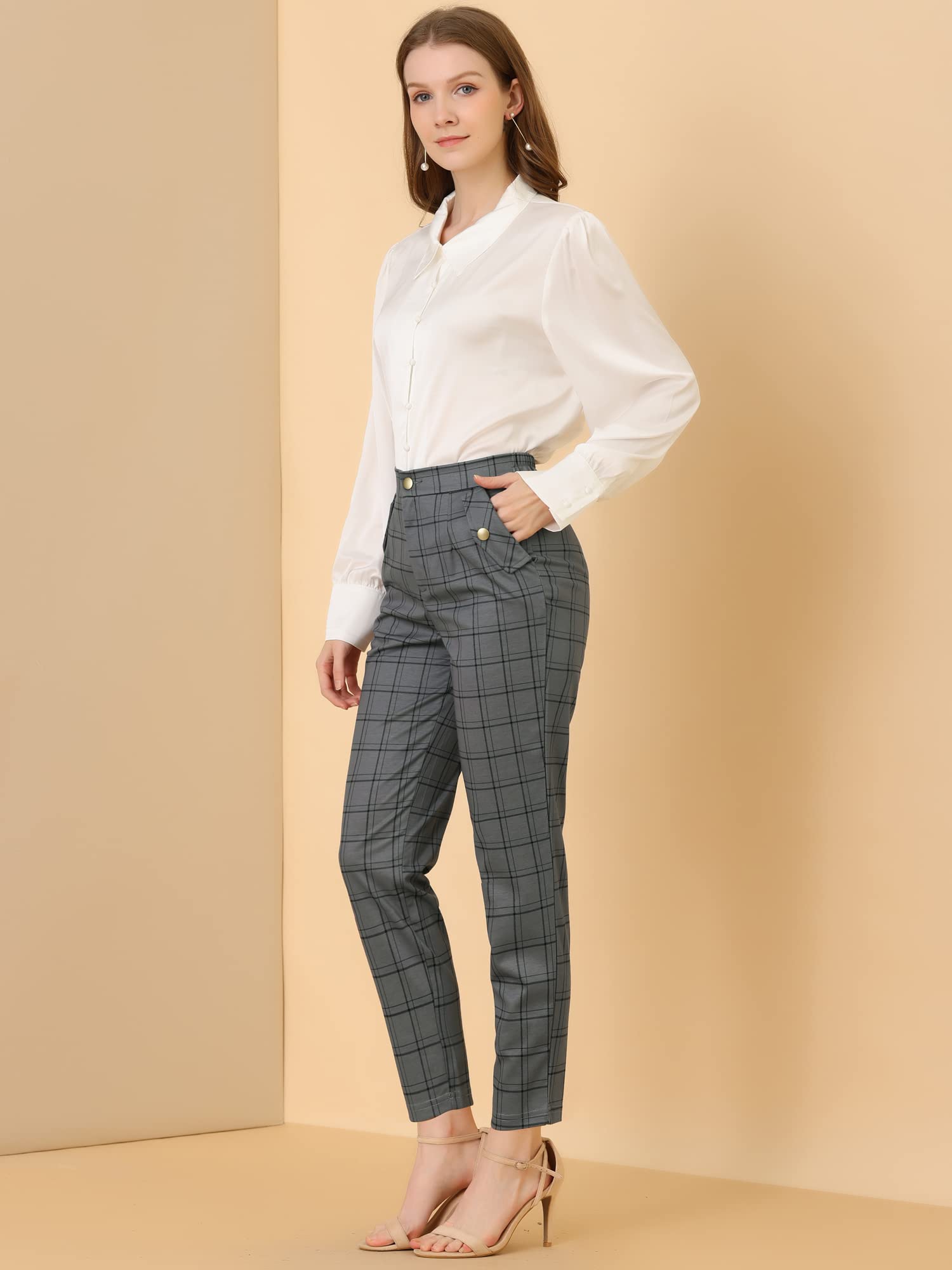 Allegra K Damen Vintage Elastische Taille Gerade Kariert Chinohose Hose