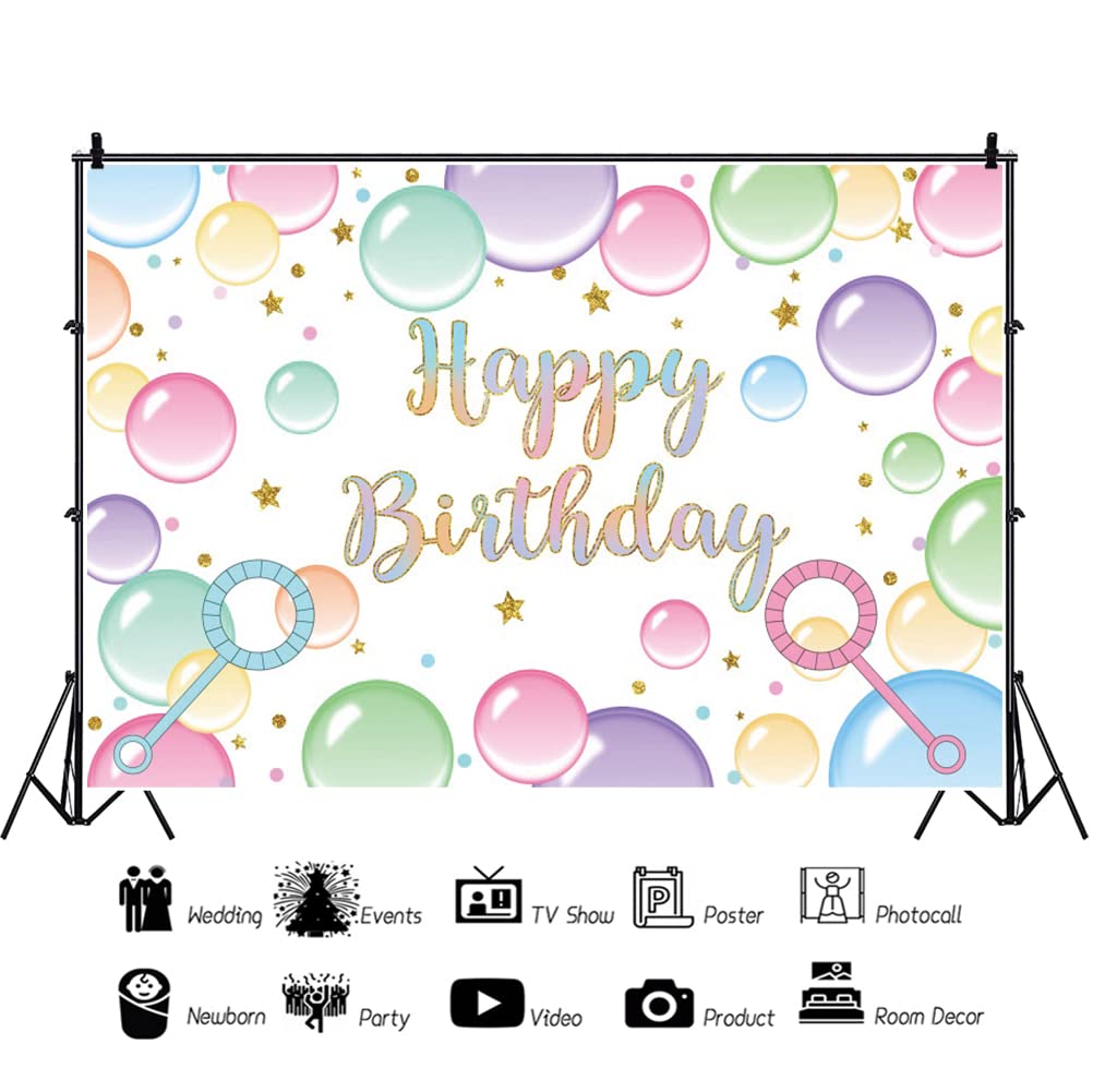 3 x 2,4 m 'Happy Birthday' tło kolorowe bąbelki złote gwiazdy błyszczące fotografia tło baby shower urodziny przyjęcie dekoracyjny baner