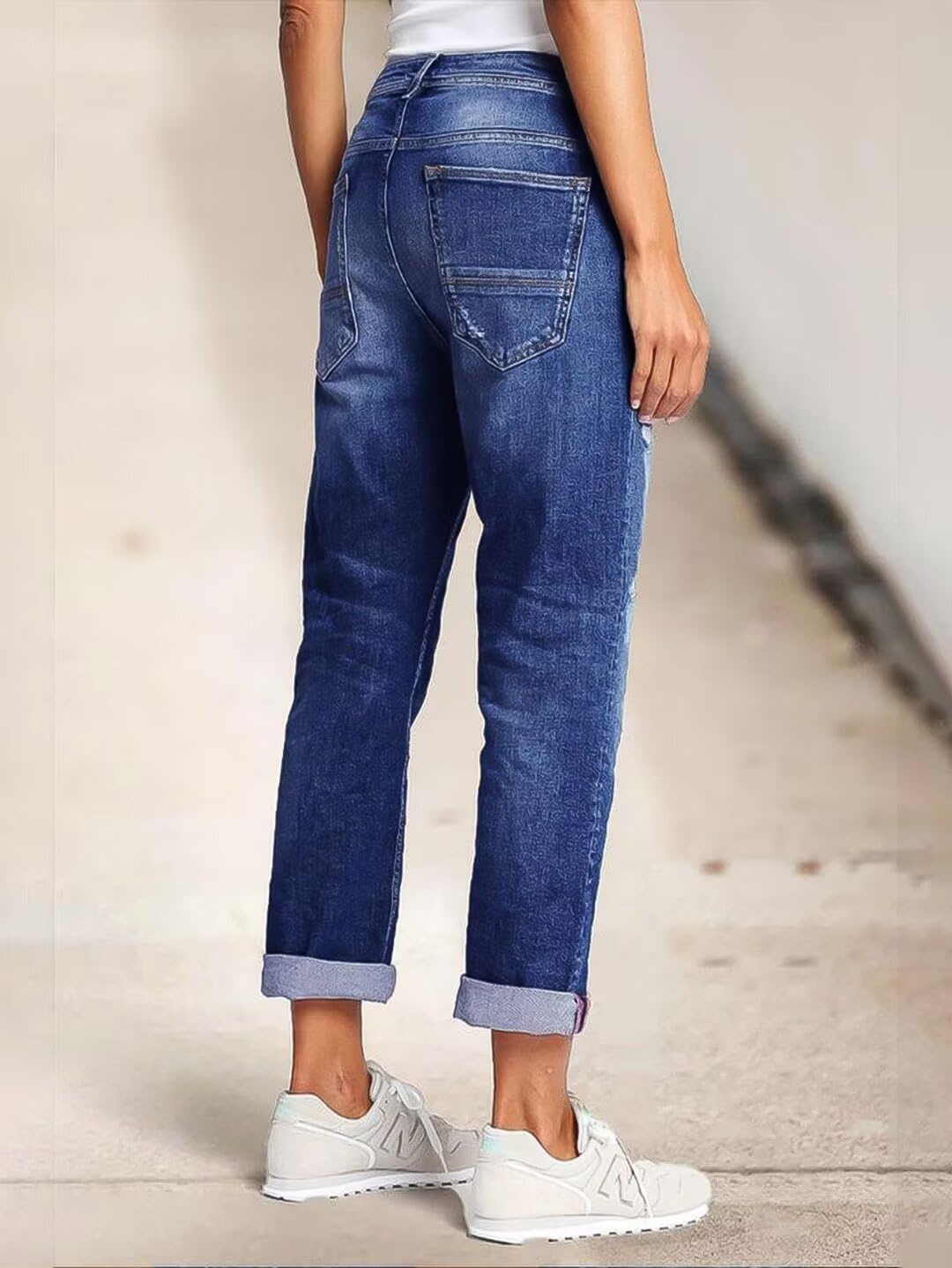 Flamingals Straight Leg Mid Rise Boyfriend Ripped Roll Hem Denim Jeans