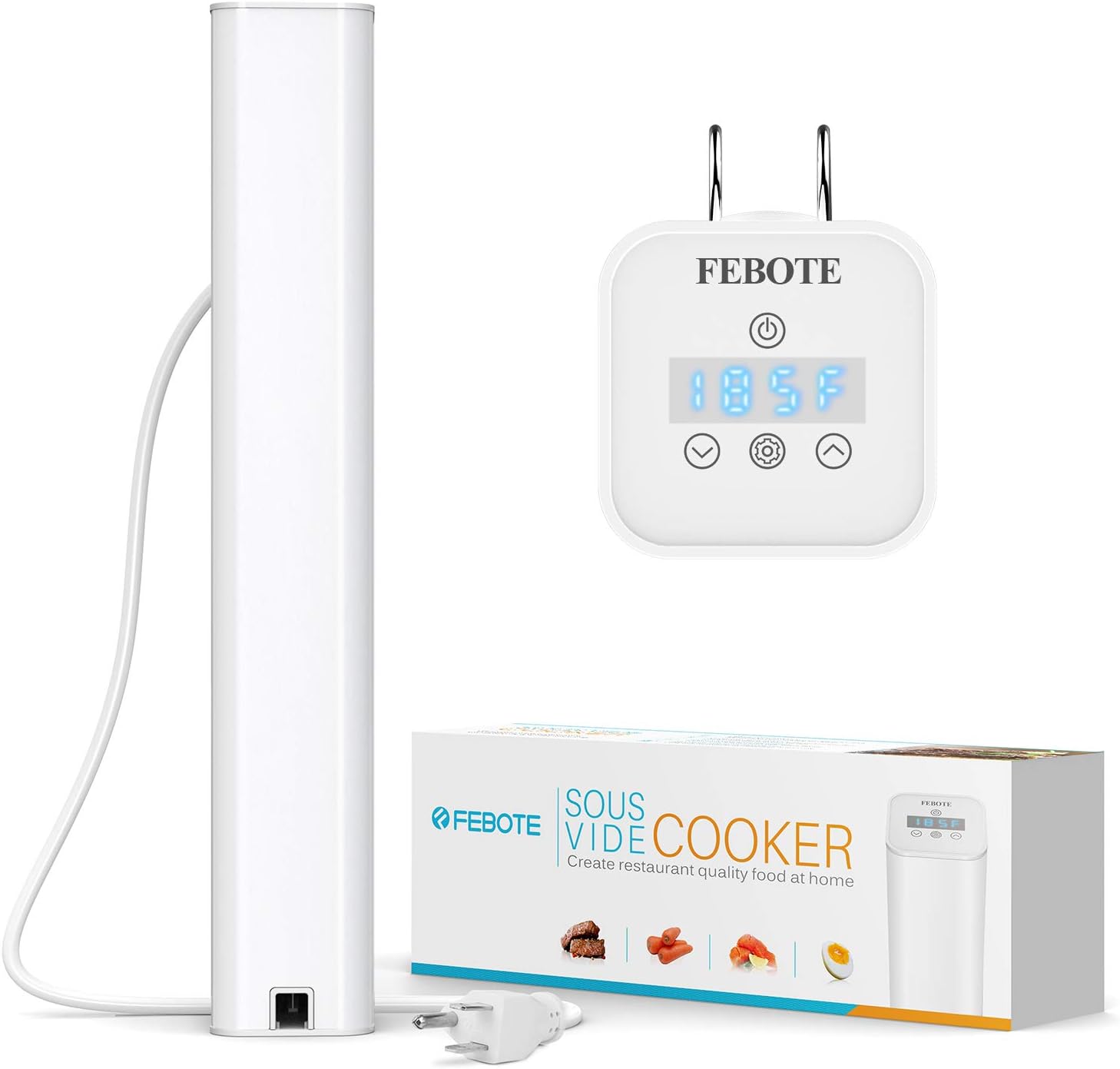 FEBOTE SV238A Sous Vide Cooker Immersion Circulator, Fast Heating Meat Cooking (1000W), Accurate Temperature Control, 0-99 Hours Timer, Free Vacuum Seal Bags, L, white