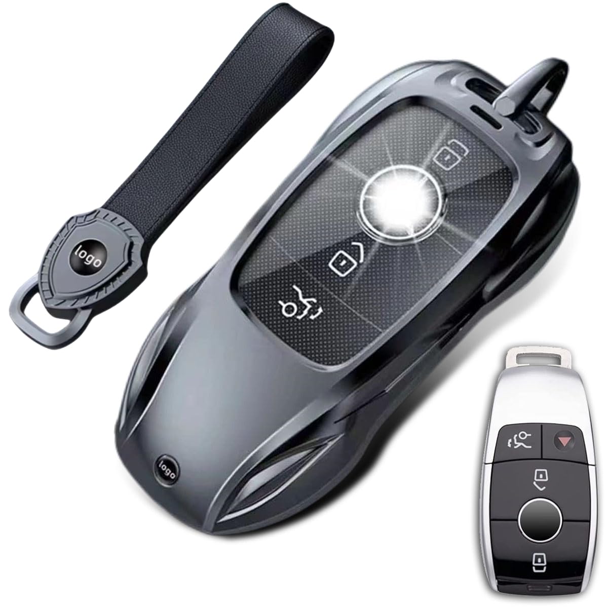 HANSTRONG GEAR for Mercedes Benz Key Fob Case Cover Metal Black with Keychain Suitable for A-Class C-Class E300L C63 E63 A200 CLA CLS GLA GLB GLS E300/ E400 G-Class GL/GLK EQA EQB EQC Smart Key