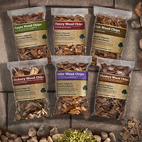 Gwernyfed Wood Selection Pack BBQ Smoker Chips - 1 Litre - Cherry, Apple, Oak, Alder, Hickory & Whiskey for Smoking Food (6 Pack (Whiskey, Apple,Oak,Cherry,Hickory,Alder))