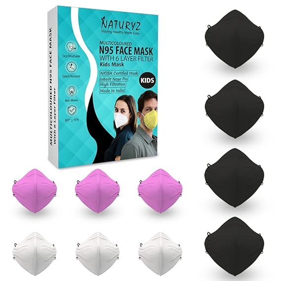 Naturyz NIOSH & ISO Certified N95 Kids Face Mask with 6 Layer Protection | Adjustable Ear Loops & Nose Clip for Girls | Multicolor