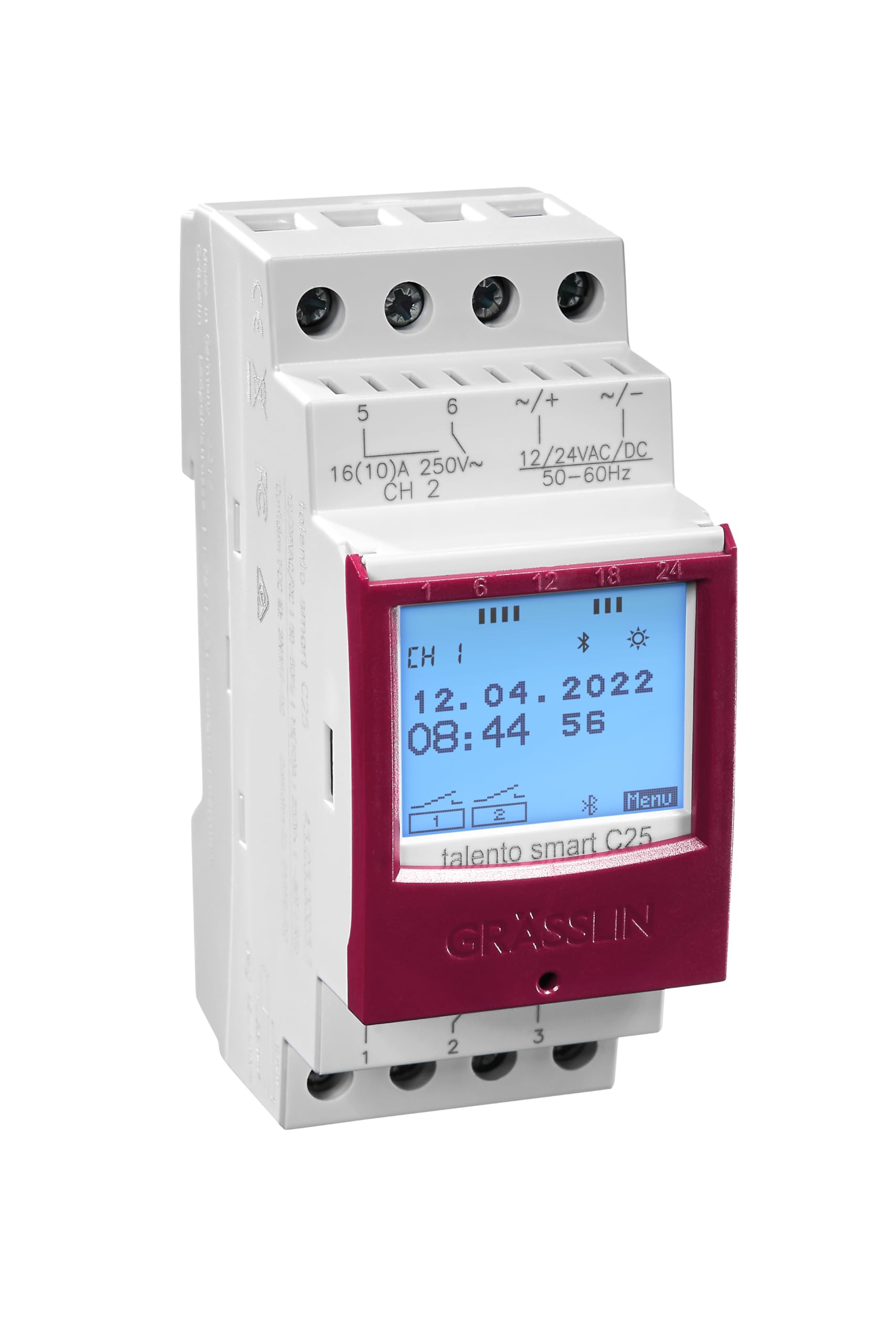43.03.0003.1 talento smart C25 12-24V Astro-Zeitschaltuhr digital | 2 Kanäle, DIN-Schiene/Hutschiene, 500 Speicherplätze,12–24 V AC/DC, Wochen-/Jahresprogramm, Zyklus/Impuls,8 Jahre Gangreserve