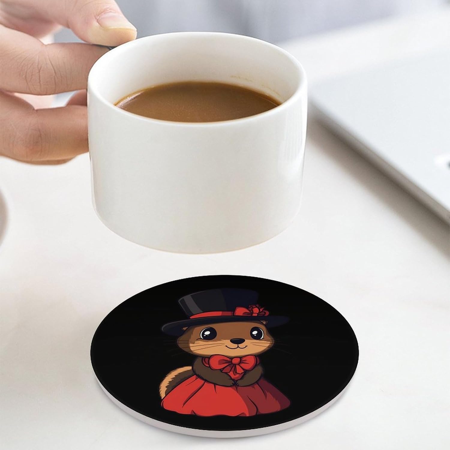 Happy Groundhog Day Ground Hog with Hat Coasters for Drink Round Ceramic Coaster with Cork Base Home Decorative 4PCS