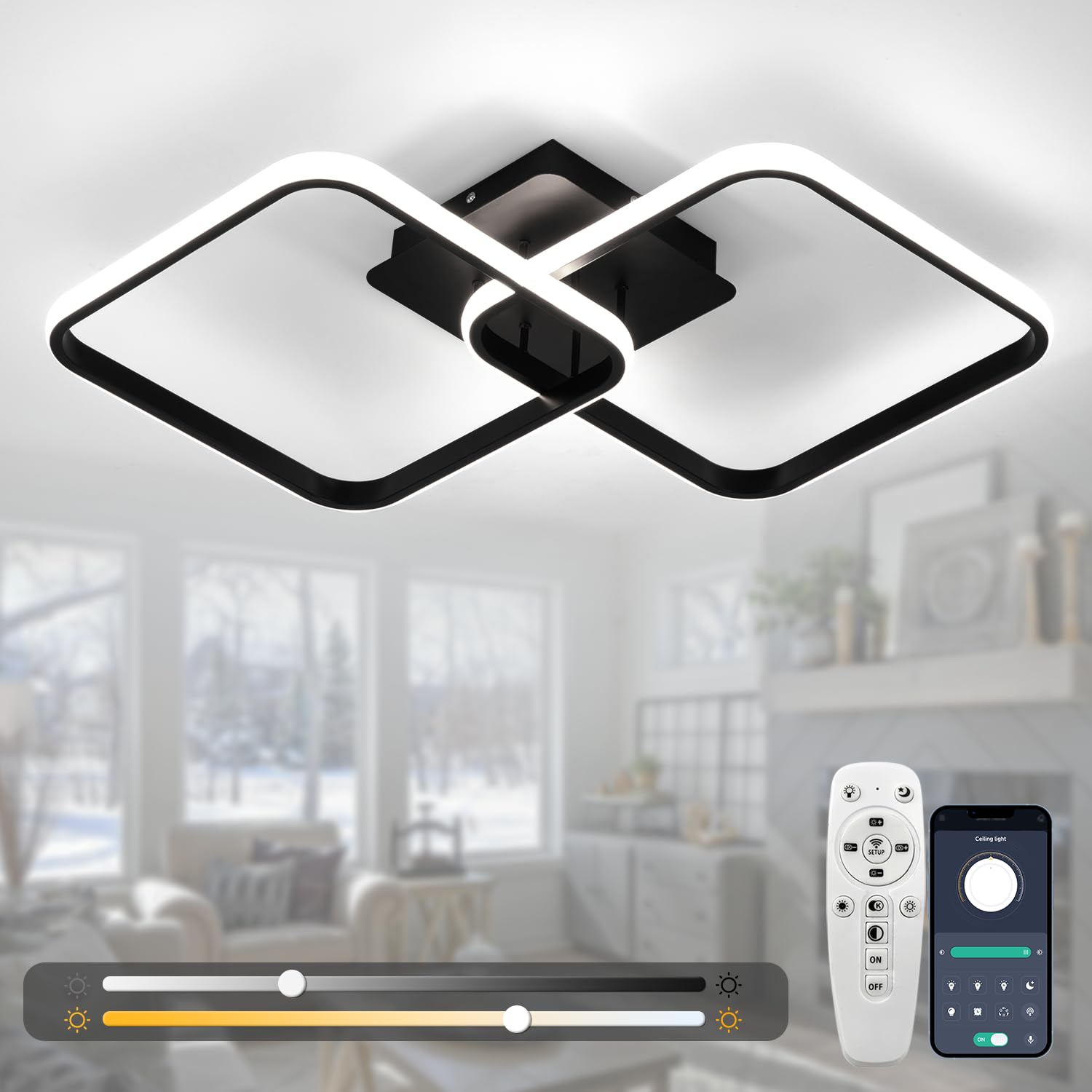 EIDISUNY Led Ceiling Light Dimmable 54cm Modern Square LED Ceiling Lamp with Remote Control, Ceiling Lighting Fixture for Kitchen Bedroom Living Room Hallway Office - 42W, Black, 54cm, 3000K-6000K