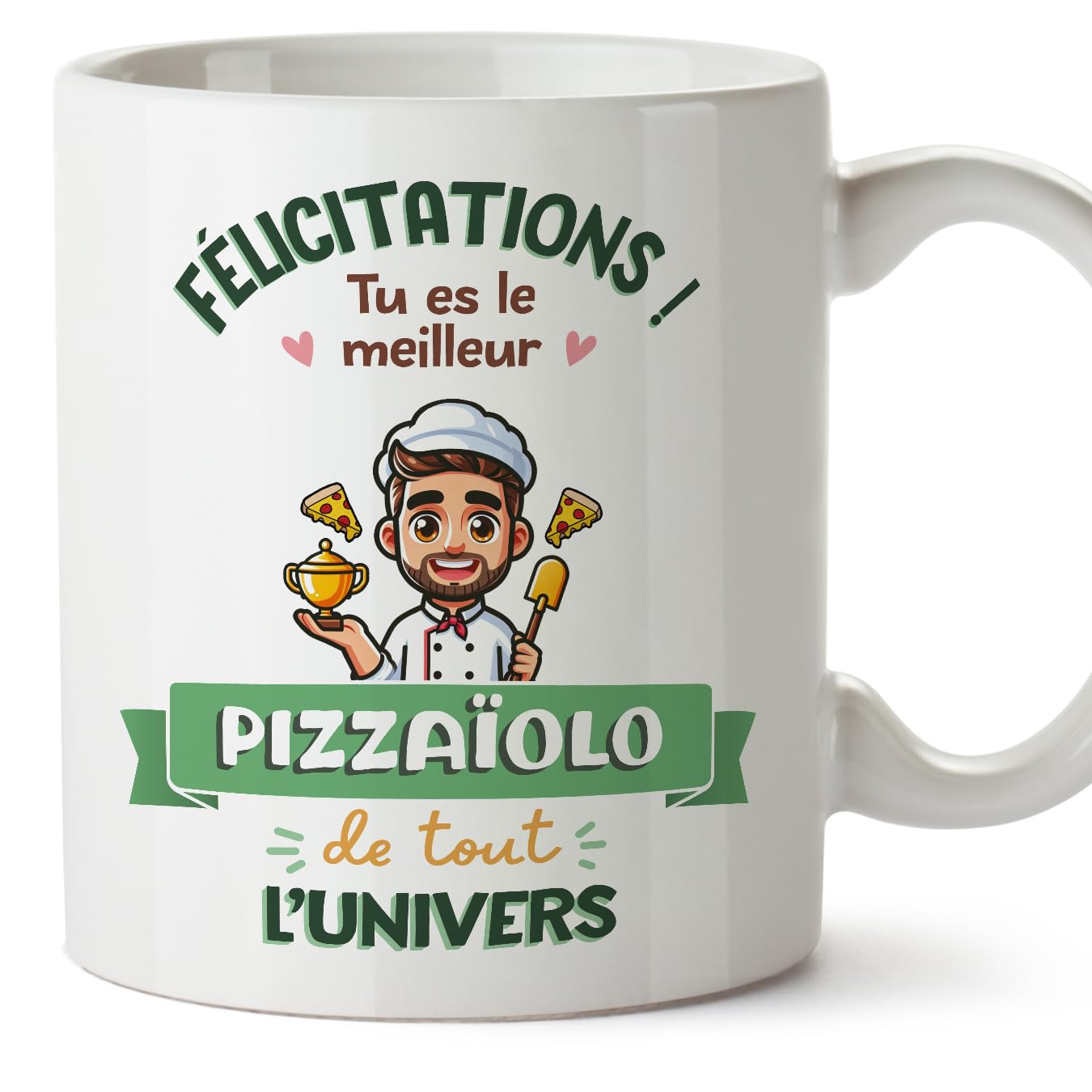 MUGFFINS Pizza Maker Man Mug - in French - Meilleur Univers Trophée - Funny Gift for Colleagues - Ceramic 11oz Mug