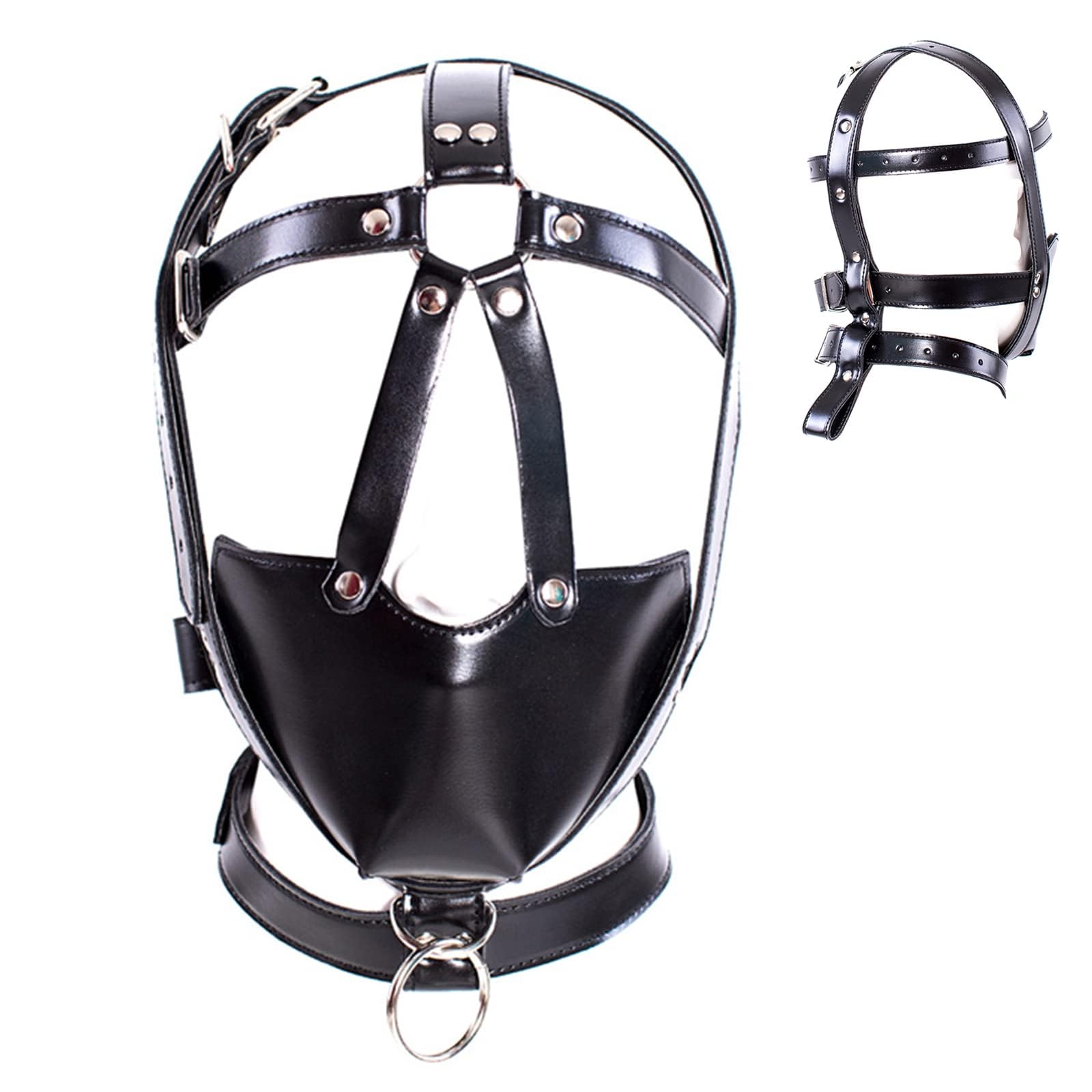 BDSM Bondage Kopf-Geschirr Fetisch Maulkorb mit Halsband und Metall O-Ring SM Leder Pferdekopf Fesselgurte Maulsperre Bondage Einstellbar Sklaven Flirten Sexspielzeug für Paare Frauen Männer