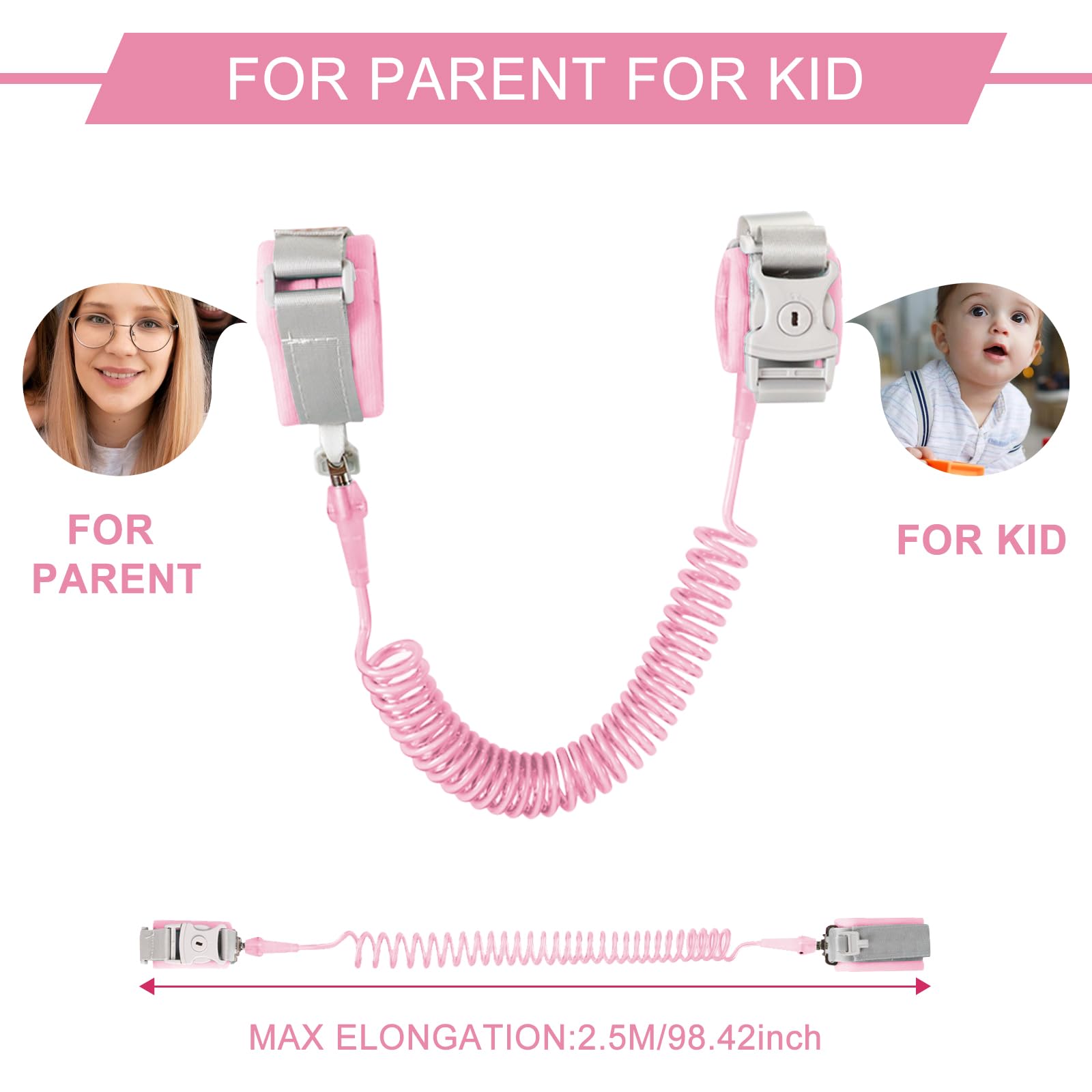 Bambini Guinzaglio Polso di Sicurezza 2.5M Anti Perso Cintura Rosa