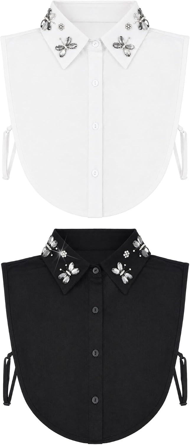 Bencailor 2 Pcs Rhinestone Fake Collar Dickey for Women False Half Shirt Blouse Detachable Collar