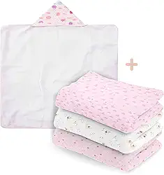 Kit Toalha De Banho Para Bebê 94cm x 70cm Com Capuz + Cueiro Flanel 100% Algodão Estampado (3 Unidades) - Maciez, Absorção E Conforto Para O Seu Bebê (Rosa)
