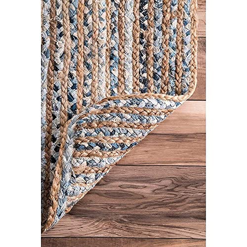 Image of Handwoven 2x6 feet Jute Rectangular Rug, Natural Fibers, Braided Reversible Carpet for Stylish Bedroom Living Room Dining Room Kids Room (2x6 feet, Blue & Beige)