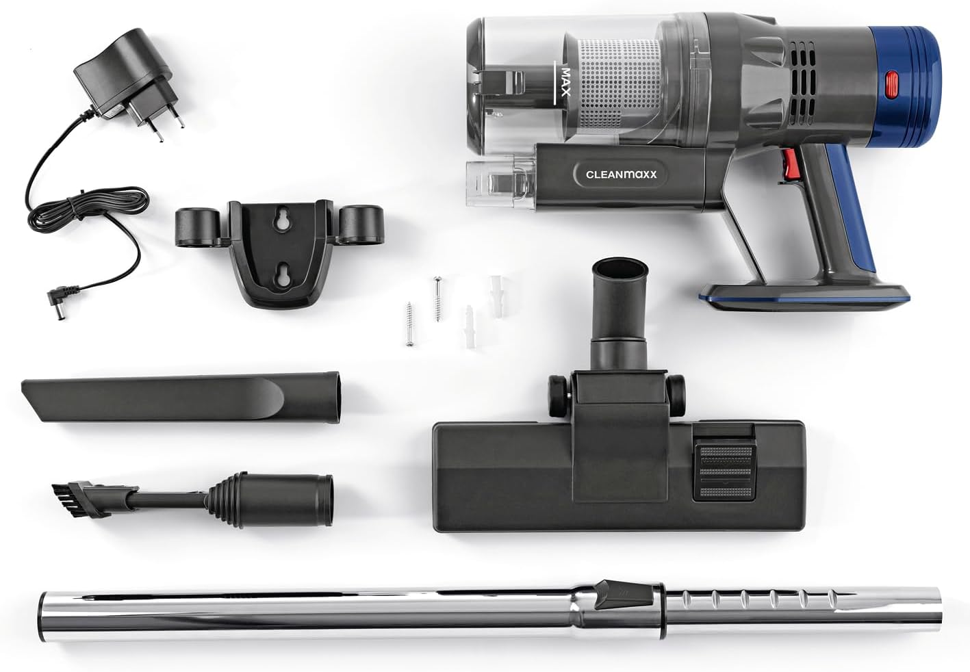 All components of the CLEANmaxx vacuum cleaner laid out