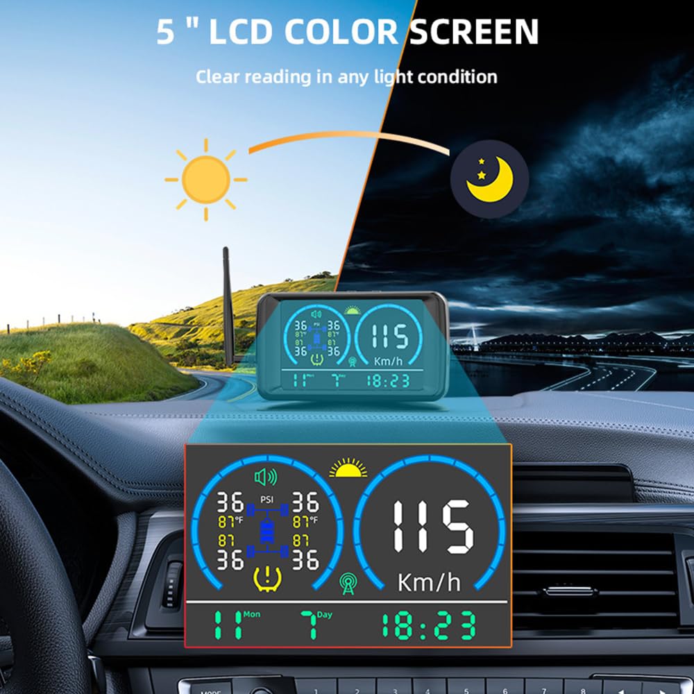 Sistema di monitoraggio della pressione dei pneumatici Carica solare e carica USB 5 '' Solar RV TPMS con 4 sensori e 4 modalità di allarme con display LCD a colori 0-13Bar/0-188PSI per camion pesanti