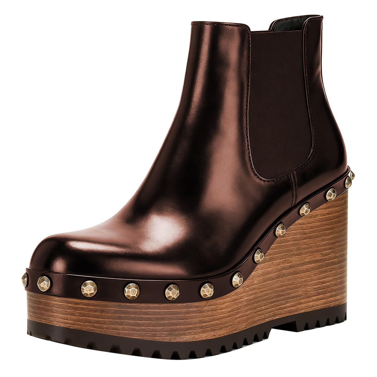FSJ Women Chunky Wooden Platform Heel Ankle Booties Round Toe Studded Rivet Chelsea Boots Elastic Pull On Fashion
